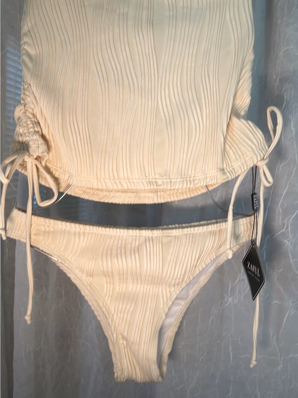 Zaful Cream Ribbed Drawstring Two-Piece Bikini - Picture 5 of 9